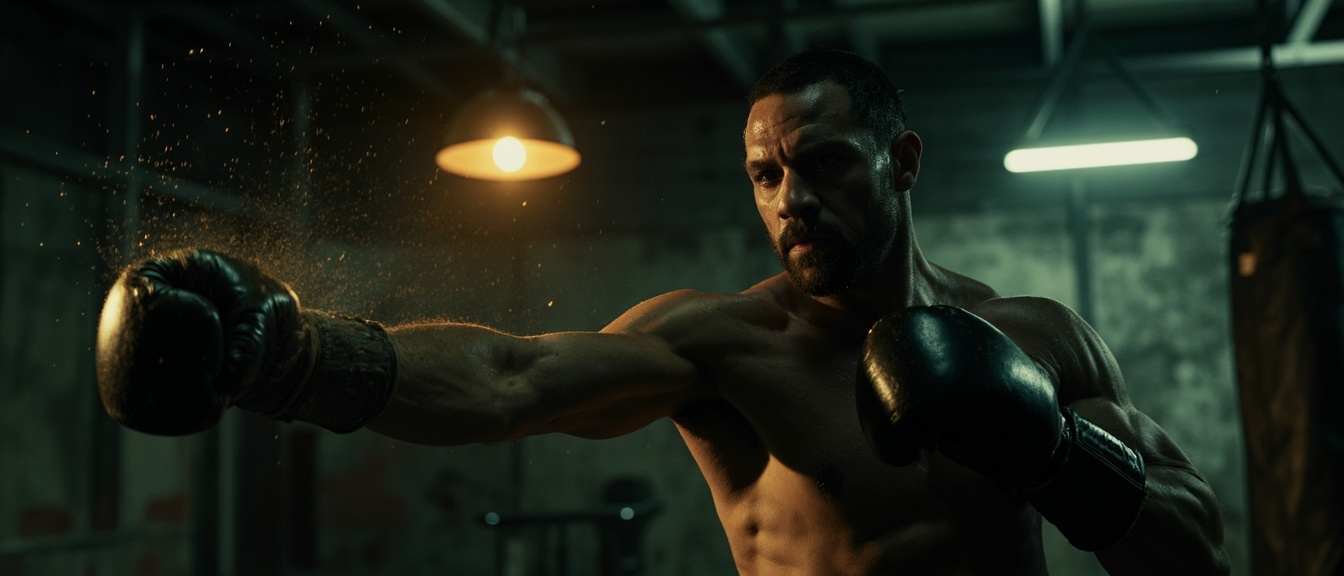 Boxeador lanzando un directo con luz dorada cinematográfica en el gimnasio Combat Wolf Crew Sant Boi
