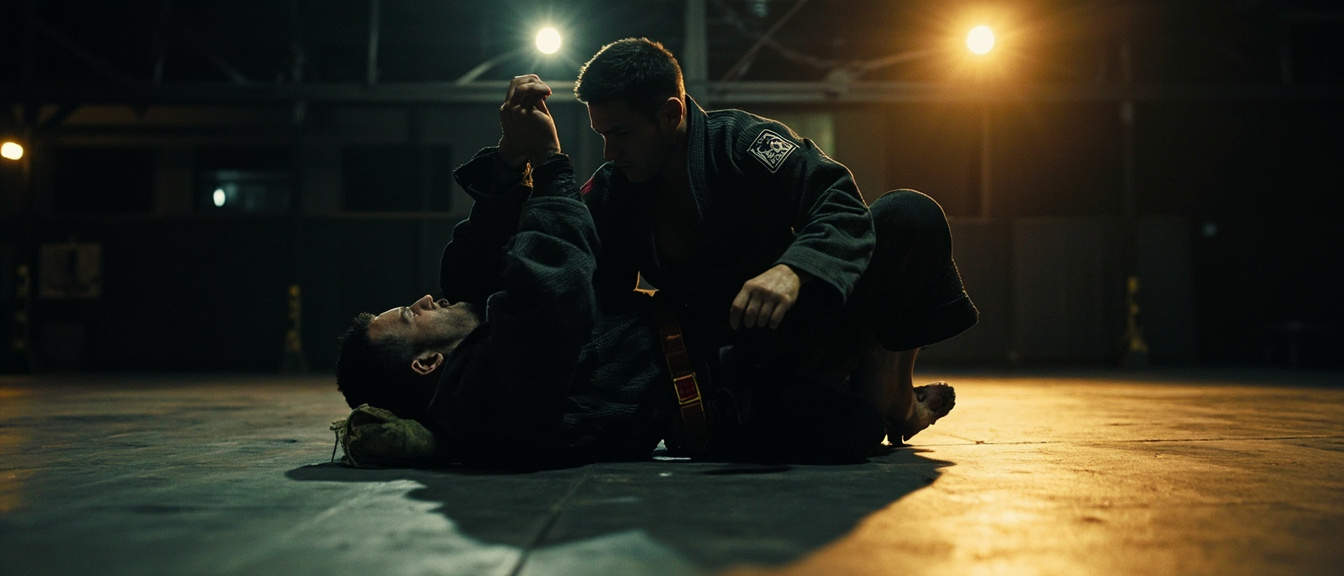 Practitioners de jiu-jitsu rodando en el tatami con luz dorada cinematográfica en Combat Wolf Crew