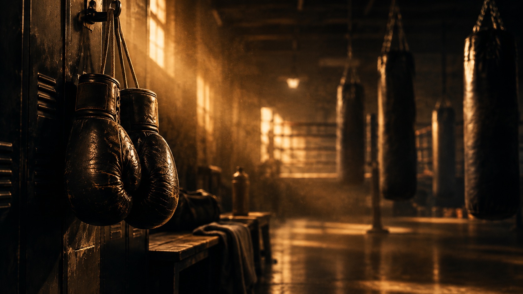 Luchador de Muay Thai ejecutando una patada circular con luz dorada en el gimnasio Combat Wolf Crew